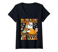 Womens 8th Eighth Grade Halloween Teacher Educator Retro Ghost V-Neck T-Shirt