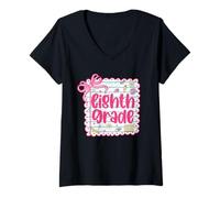Womens 8th Grade Team First Day of School Eighth Grade Teacher Bow V-Neck T-Shirt