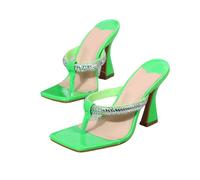 Women's 9.5cm Block Heel Slide Sandals - Sparkly Rhinestone Flip-Flops for Work, Vacation & Parties, Weddings, Daily Chic,Green,4 UK
