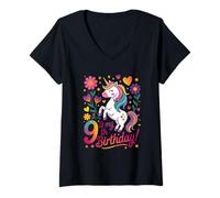 Womens 9 is My 9th Birthday Unicorn Rainbow Magic V-Neck T-Shirt
