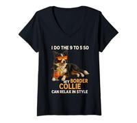 Womens 9 to 5 So My Border Collie Can Relax in Style Funny Owner V-Neck T-Shirt