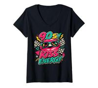 Women's 90s Kiss Energy Retro Lips Graphic Sunglasses Bold Checkered V-Neck T-Shirt