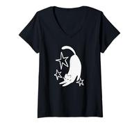 Women's 90s Y2K Cute Sleepy Cat Tomcat Stretching Beneath the Stars V-Neck T-Shirt