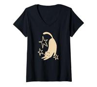 Women's 90s Y2K Cute Sleepy Tomcat Cat Stretching Beneath the Stars V-Neck T-Shirt