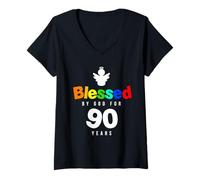 Womens 90th Birthday Christian gift Blessed by God for 90 years old V-Neck T-Shirt