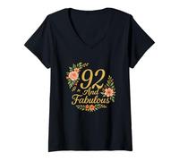 Womens 92 And Fabulous Floral 92nd Birthday Celebration Funny V-Neck T-Shirt