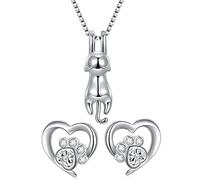 Womens 925 sterling silver 3D cute cat Lover Matte surface/smooth pendant necklace (Earrings+Necklace Set)