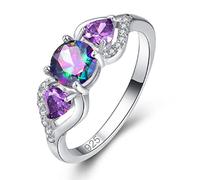 Women's 925 Sterling Silver Rainbow Heart Round Cubic Zirconia Colorful Engagement Ring Wedding Promise Lab Simulated Diamond Eternity Ring with 3 Stones, US Code 6, Silver, Sterling Silver, Cubic