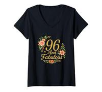 Womens 96 And Fabulous Floral 96th Birthday Celebration Funny V-Neck T-Shirt