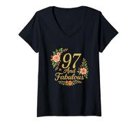 Womens 97 And Fabulous Floral 97th Birthday Celebration Funny V-Neck T-Shirt