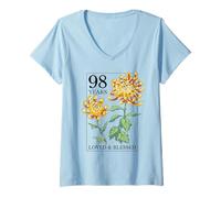 Womens 98 Years Loved and Blessed Floral Flower Stamp 98th Birthday V-Neck T-Shirt