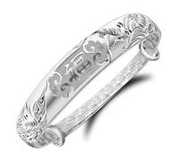 Women's 999 Solid Sterling Silver Chinese Dragon Phoenix Carved Adjustable Bangle Bracelet 15g Weight for Women,Ladies and Elder, 23", 镀银, no gemstone