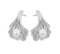 Women's 9K White Gold Au375 Ginkgo Leaf Earrings Round White Pearl