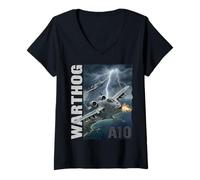 Women's A-10 Warthog Military Aviation Lightning Storm Graphic V-Neck T-Shirt