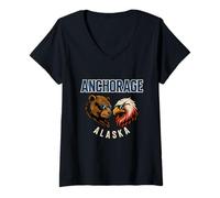 Womens A Bear and an Eagle in Sunglasses Funny Anchorage Alaska V-Neck T-Shirt