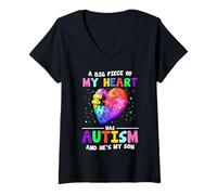Womens A Big Piece Of My Heart Has Autism And He's My Son V-Neck T-Shirt
