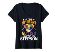 Women's A Big Piece of My Heart Has Autism and He's My Stepson V-Neck T-Shirt
