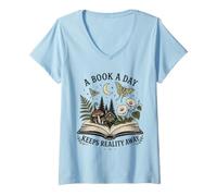 Women's A Book a Day Keeps Reality Away Book Lover Reading V-Neck T-Shirt