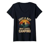 Womens A Boy Who Loves Camping Retro Vintage Nature Hiker Men Kids V-Neck T-Shirt