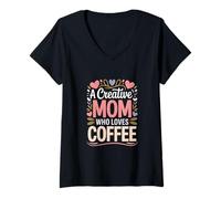 Women's A Creative Mom Who Loves Coffee Pastel Hearts V-Neck T-Shirt
