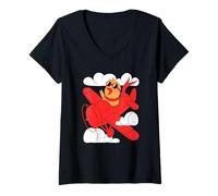Womens A Cute Chick is Flying Plane. Chicken Pilot V-Neck T-Shirt