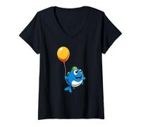 Womens A Cute Fish Flies with a Balloon. Flying Fish V-Neck T-Shirt