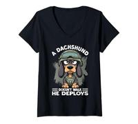 Womens A Dachshund Doesn’t Walk He Deploys | Wiener Dog V-Neck T-Shirt