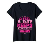 Womens A Feel A Day Keeps The Doctor Away | Breast Cancer V-Neck T-Shirt