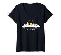Women's A Friend Loves at All Time Sign Proverbs 17 17 Bible Verse V-Neck T-Shirt