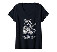 Women's A Funny Raccoon with Guitar on Music Record V-Neck T-Shirt