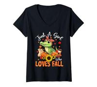 Womens A Girl Loves Fall Thanksgiving Signs Alligator Bow Tie V-Neck T-Shirt