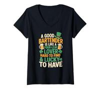 Women's A Good Bartender Four Leaf Clover Bartending Lucky V-Neck T-Shirt