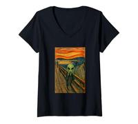 Womens A Green Alien in The Scream by Edvard Munch Funny Alien UFO V-Neck T-Shirt