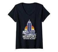 Womens A Lighthouse and Retro Sunset Vintage Newport Rhode Island V-Neck T-Shirt