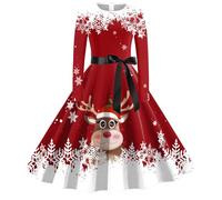 Women's A-Line Dress, Long Sleeve Christmas Dress with Round Neck and Bow, Elegant Waist, Perfect Holiday Skirt Dress, red, XXL