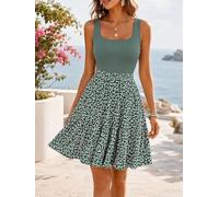 Women's A-Line Flowy Summer Casual Beach Short Dress, Patchwork Solid Top Floral Print Square Neck Sleeveless Mini Dress