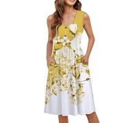 Womens A Line Long Dresses Leisure Workout Smock Women's Printed Sleeveless Loose Midi Dress with Pockets Skater Dresses for Women Midi (Yellow, XXL)