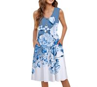 Womens A Line Long Dresses Leisure Workout Smock Women's Printed Sleeveless Loose Midi Dress with Pockets Skater Dresses for Women Midi (Blue, L)