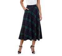 Women's A-line Midi Skirt with Classic Checked Pattern - High Waisted Circle Skirt with Pockets | Elegant Autumn and Winter Skirt, Style_b02 Green, S