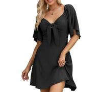 Women's A Line Mini Dress V Neck Bodycon Short Sleeve High Waist Swing Party Cocktail Dresses Spring Summer Deep V Neck Elegant Bow tie Mini Dress(Black L)