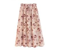 Women's A-Line Pleated Skirt- Chinese Style Floral Printed Long Skirt, Autumn Women Streetwear Drawstring Pink Elastic Waist Midi Skirt,As Shown,M