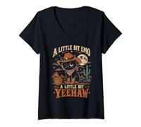 Women's A Little Bit Emo A Little Bit Yeehaw & Country Cowboy Cat V-Neck T-Shirt