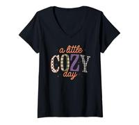 Womens A Little Cozy Day Retro Plaid Leopard Checkered Fall Relax V-Neck T-Shirt