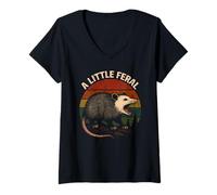 Womens A Little Feral Angry Opossum Vintage Animal Funny Possum V-Neck T-Shirt