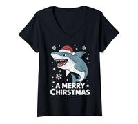 Womens A Merry Christmas Funny Shark Santa Hat Ugly Sweater V-Neck T-Shirt