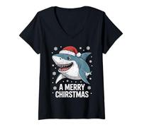 Womens A Merry Christmas Funny Shark Santa Hat V-Neck T-Shirt