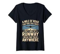 Womens A Mile of Runway Airplane Pilot Flight School Aviation V-Neck T-Shirt