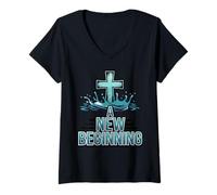 Women's A New Beginning Baptism Bible Verse Baptized Christian V-Neck T-Shirt