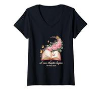 Womens A New Chapter Begins Life Transition Typography Art V-Neck T-Shirt