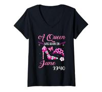 Womens A Queen Was Born in June 1940 81st Birthday Gift V-Neck T-Shirt
